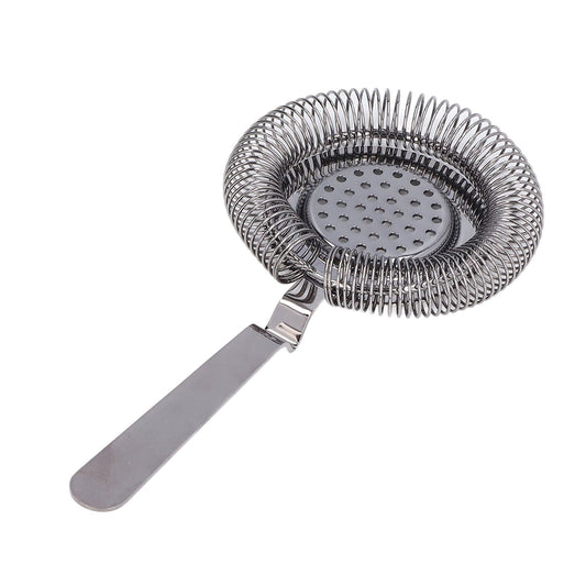 Bar Strainer Fine Filtering stainless steel cocktail strainer with a silver coiled spring rim, perforated center and flat handle