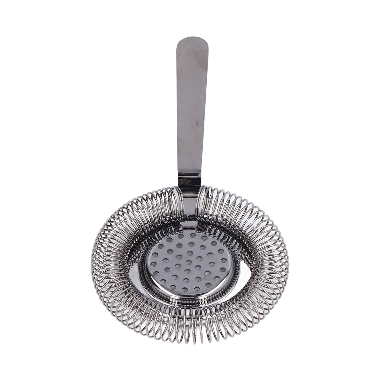 Bar strainer fine filtering in reflective silver stainless steel with a coiled spring rim, perforated center and flat handle