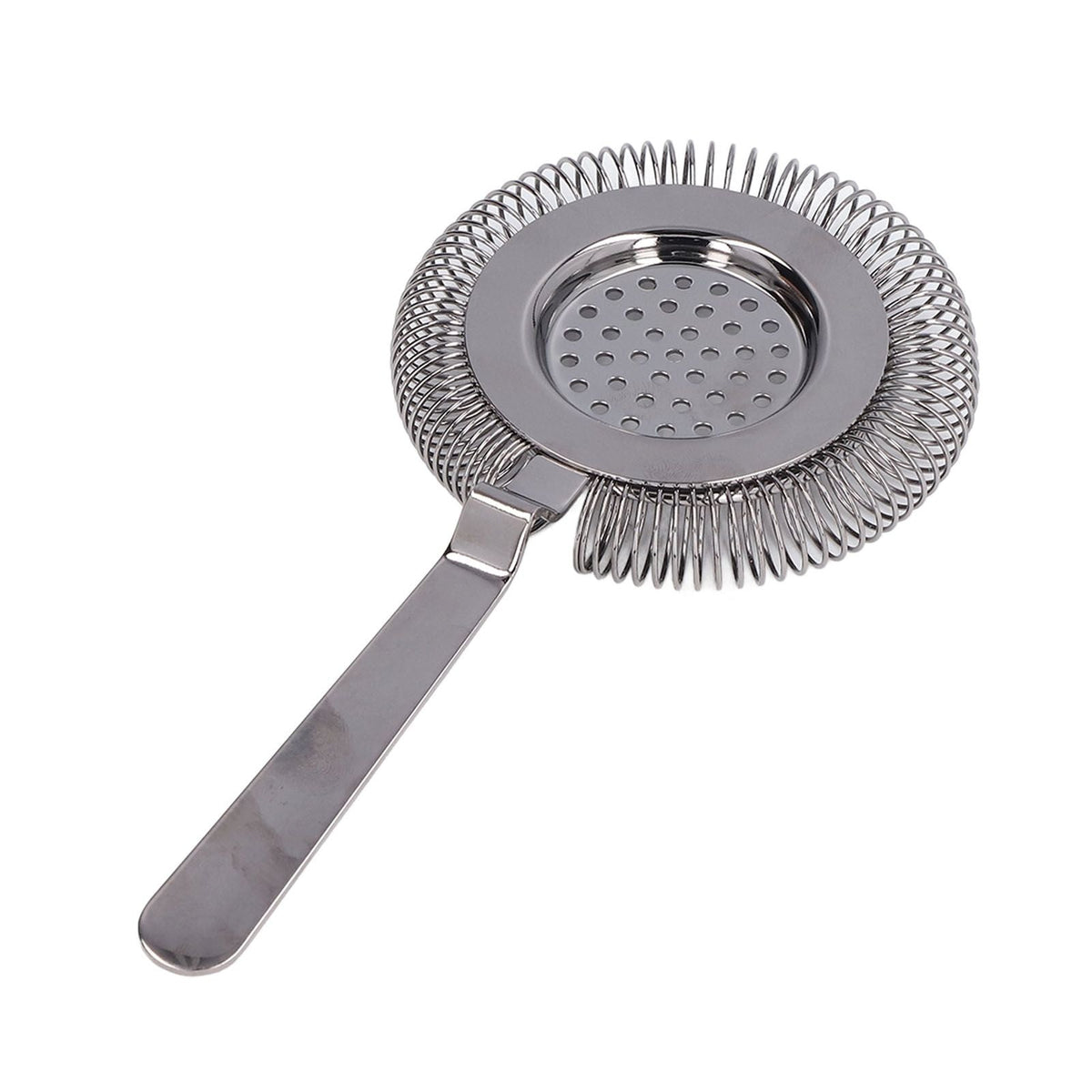 Bar Strainer Fine Filtering with polished silver stainless steel finish, perforated bowl, coiled spring rim and flat handle
