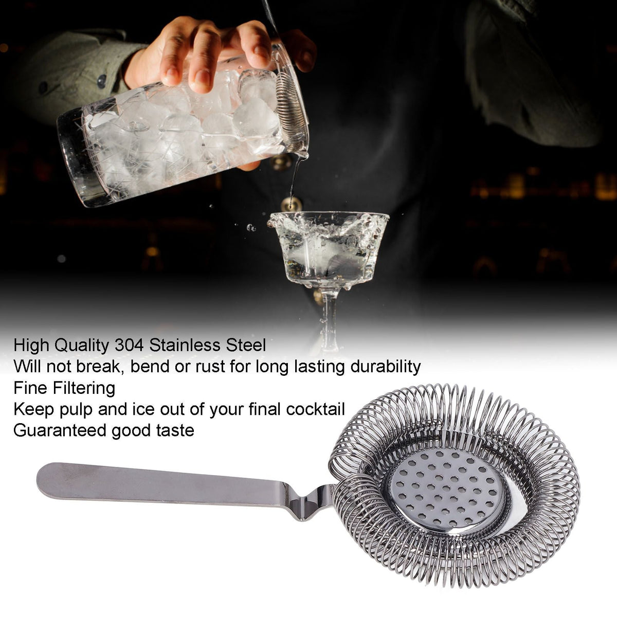 Bar Strainer Fine Filtering in silver stainless steel, with a polished flat handle and circular spring coil mesh basket