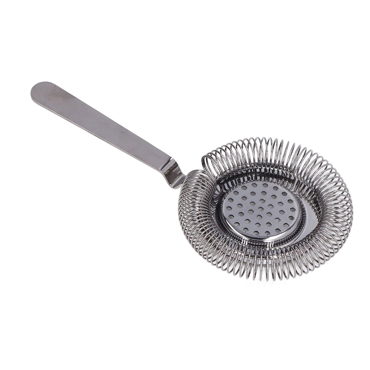 Bar Strainer Fine Filtering with a silver stainless steel handle, perforated disc, and wide coiled spring basket