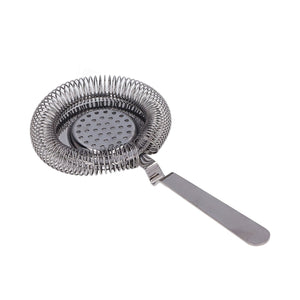 Bar strainer with a polished silver stainless steel handle, perforated bowl and circular fine wire spring coil.