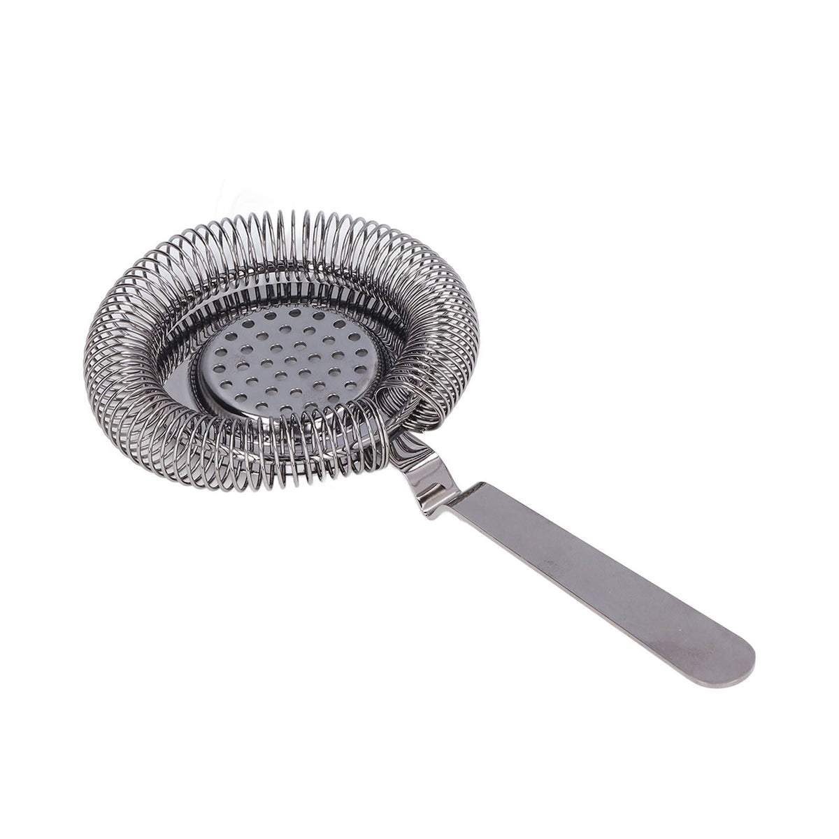 Bar strainer with a polished silver stainless steel handle, perforated bowl and circular fine wire spring coil.