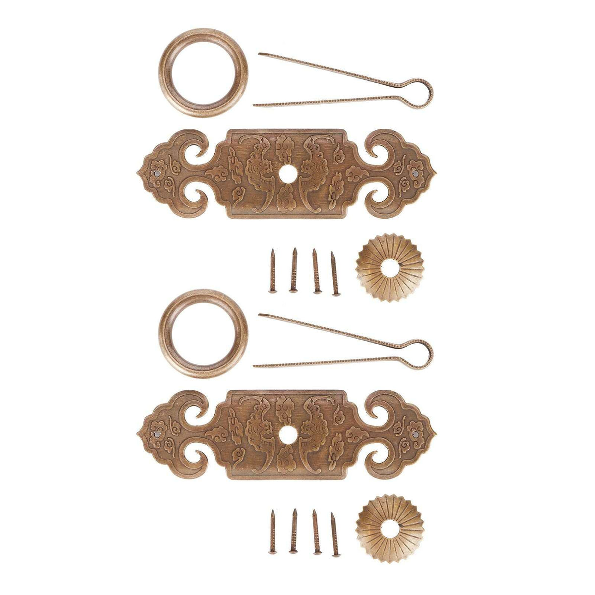 Bat-Shaped Handle set in antique bronze copper, with ornate scrollwork plates, circular rings, needles and small fittings