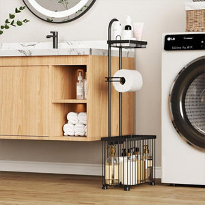 Bathroom Tissue Holder freestanding black iron rack with mesh top shelf, toilet roll spindle and spacious lower basket