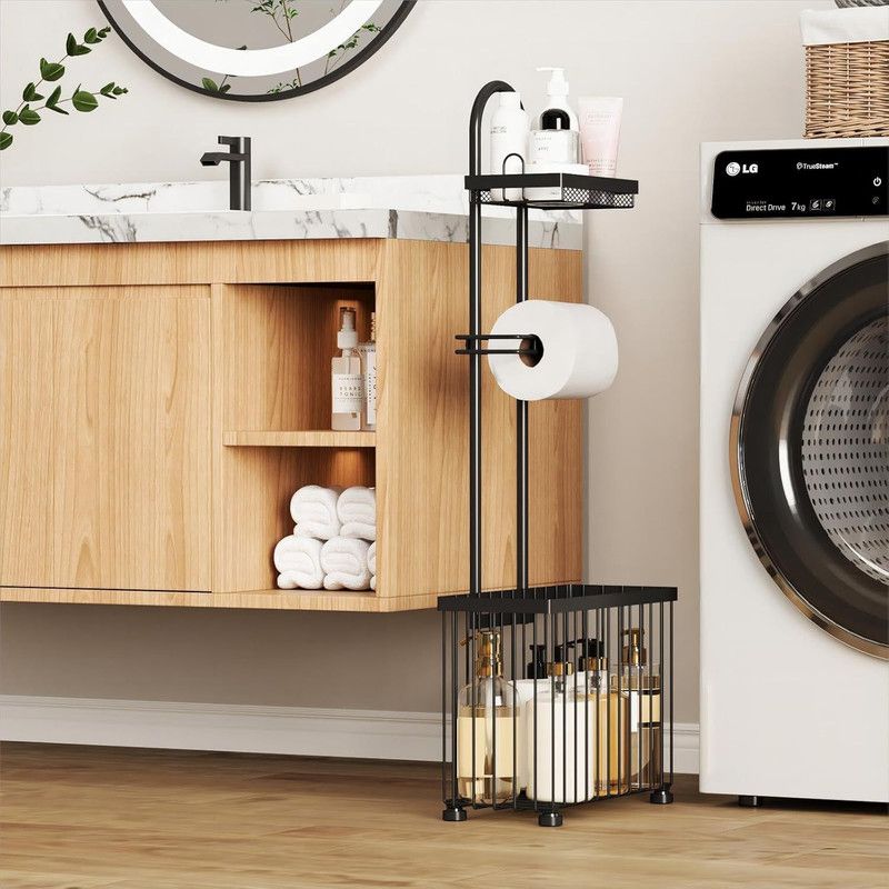 Bathroom Tissue Holder freestanding black iron rack with mesh top shelf, toilet roll spindle and spacious lower basket