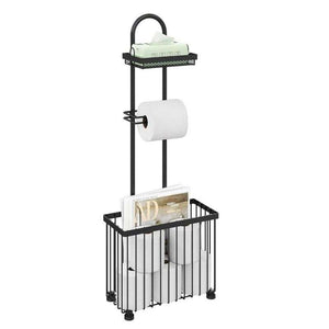 Bathroom Tissue Holder with a black iron frame, mesh top shelf, toilet roll arm and deep basket for spare rolls