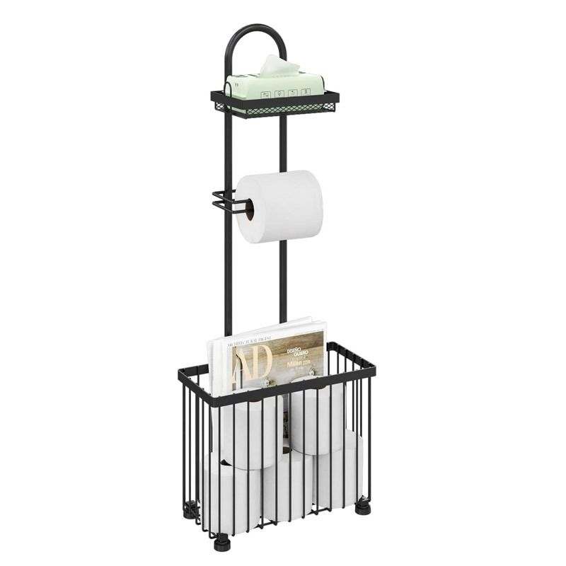 Bathroom Tissue Holder with a black iron frame, mesh top shelf, toilet roll arm and deep basket for spare rolls