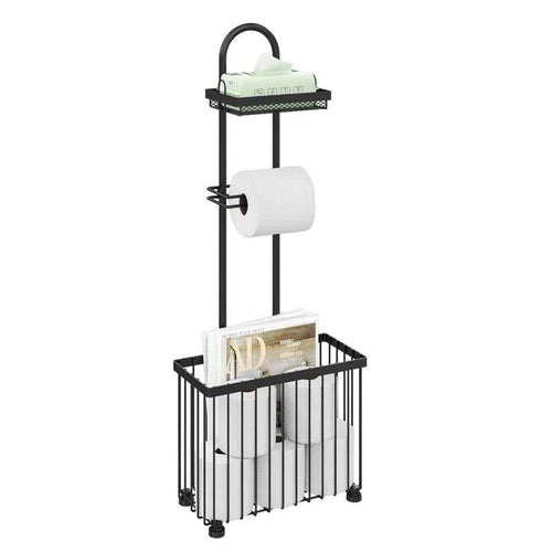 Bathroom Tissue Holder with a black iron frame, mesh top shelf, toilet roll arm and deep basket for spare rolls