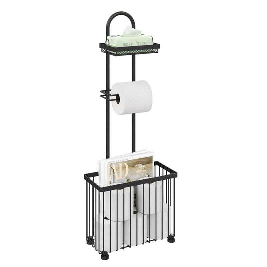 Bathroom Tissue Holder with a black iron frame, mesh top shelf, toilet roll arm and deep basket for spare rolls