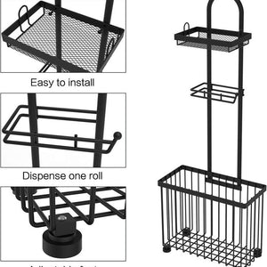 Bathroom Tissue Holder with a black iron frame, mesh top shelf, single-roll dispenser, and open wire basket