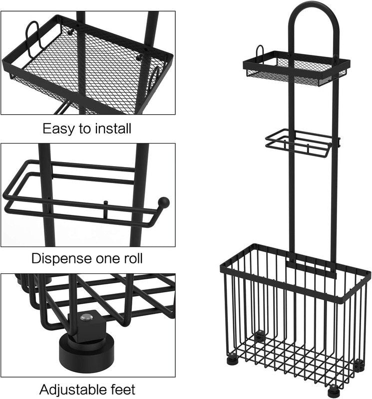 Bathroom Tissue Holder with a black iron frame, mesh top shelf, single-roll dispenser, and open wire basket