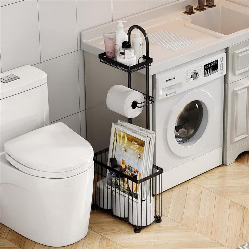 Bathroom Tissue Holder freestanding black metal mesh rack with a top shelf, toilet roll holder and bottom basket