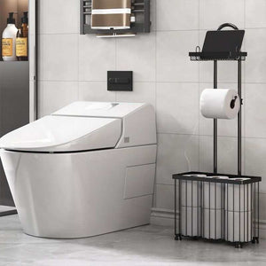 Bathroom Tissue Holder with a black metal freestanding frame, top shelf, central toilet roll holder, and lower mesh basket