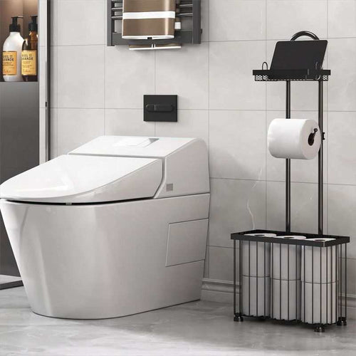Bathroom Tissue Holder with a black metal freestanding frame, top shelf, central toilet roll holder, and lower mesh basket
