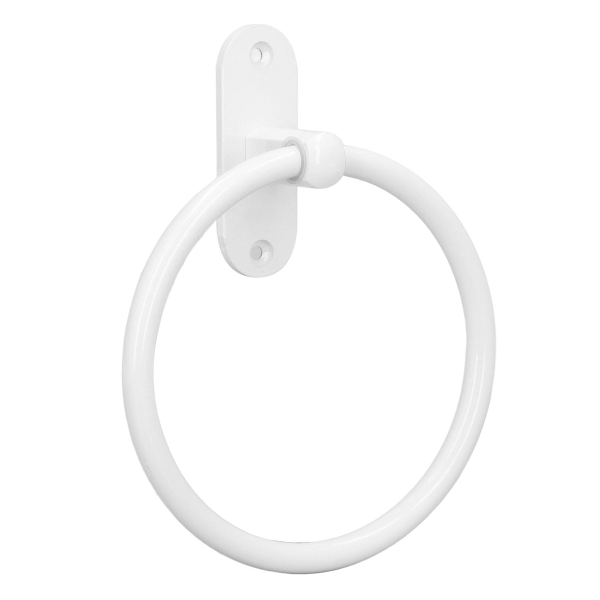 Bathroom Towel Holder, glossy white circular towel ring with a slim wall-mount plate and two visible screw holes