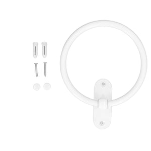 Bathroom Towel Holder, a glossy white aluminium ring with a wall-mount bracket, screws and decorative caps