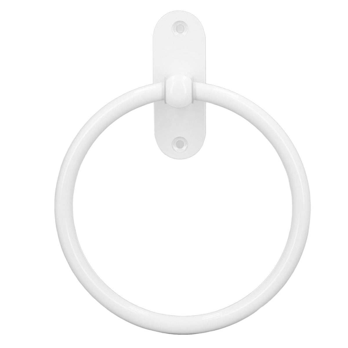 Bathroom Towel Holder with a smooth white circular ring and matching wall-mount plate with two screw holes
