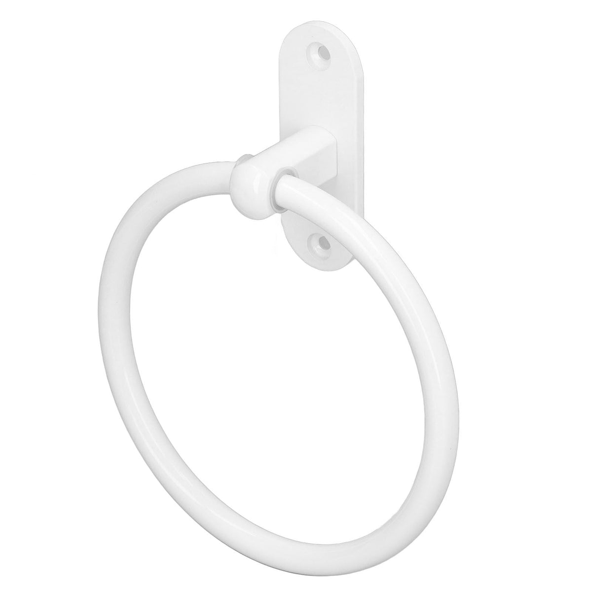Bathroom Towel Holder with a white glossy finish, featuring a smooth round ring and two-hole wall mounting plate.