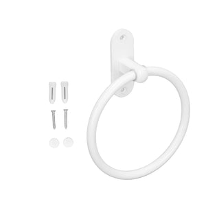 Bathroom Towel Holder with a glossy white metal ring, oval wall plate and matching screws and caps.