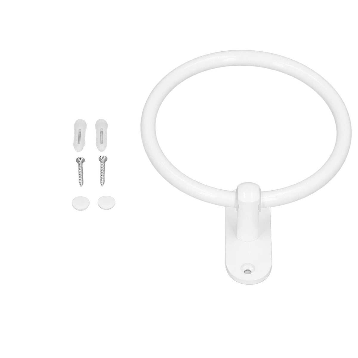 Bathroom Towel Holder with a white oval aluminium ring, wall-mount bracket, and included screws and wall plugs