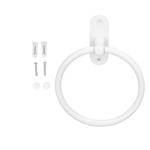 Bathroom Towel Holder with a white round ring, smooth glossy surface, wall-mount plate and included screws