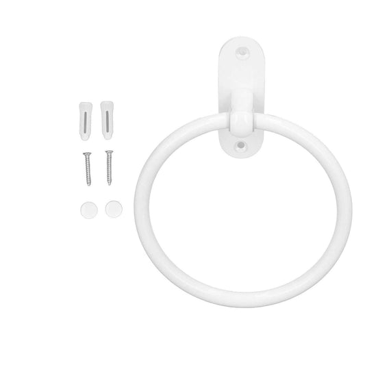 Bathroom Towel Holder with a white round ring, smooth glossy surface, wall-mount plate and included screws