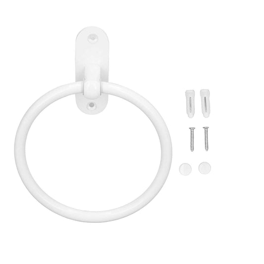 Bathroom Towel Holder with a white glossy oval ring, wall-mount bracket and included screws and wall plugs