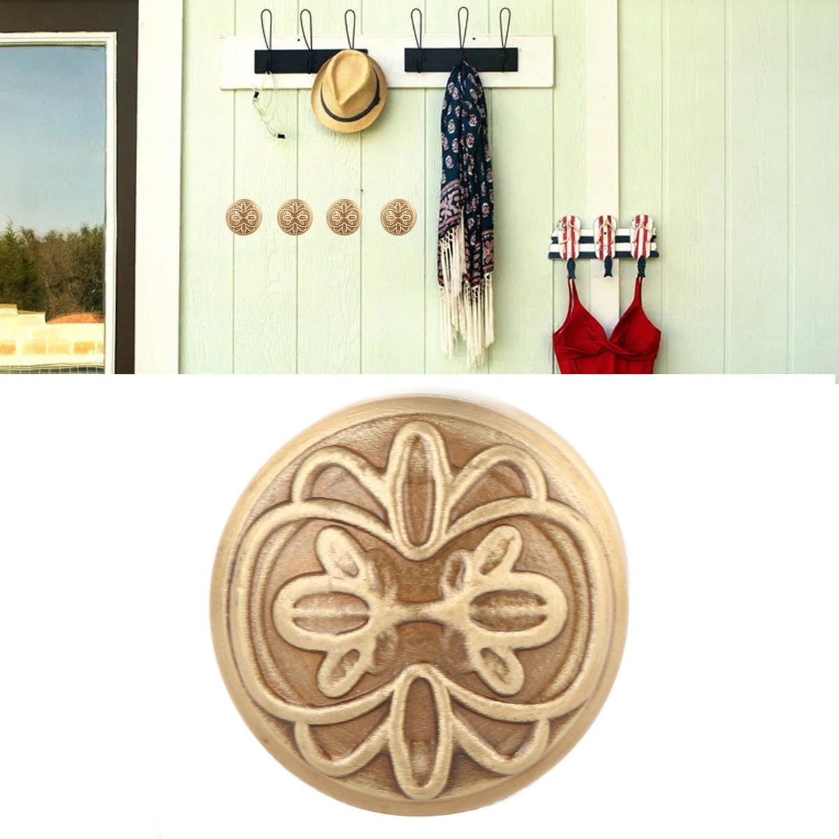 Bathroom Towel Hook Copper with a round ornate floral medallion face in warm bronze-gold, unlike a C-type hook