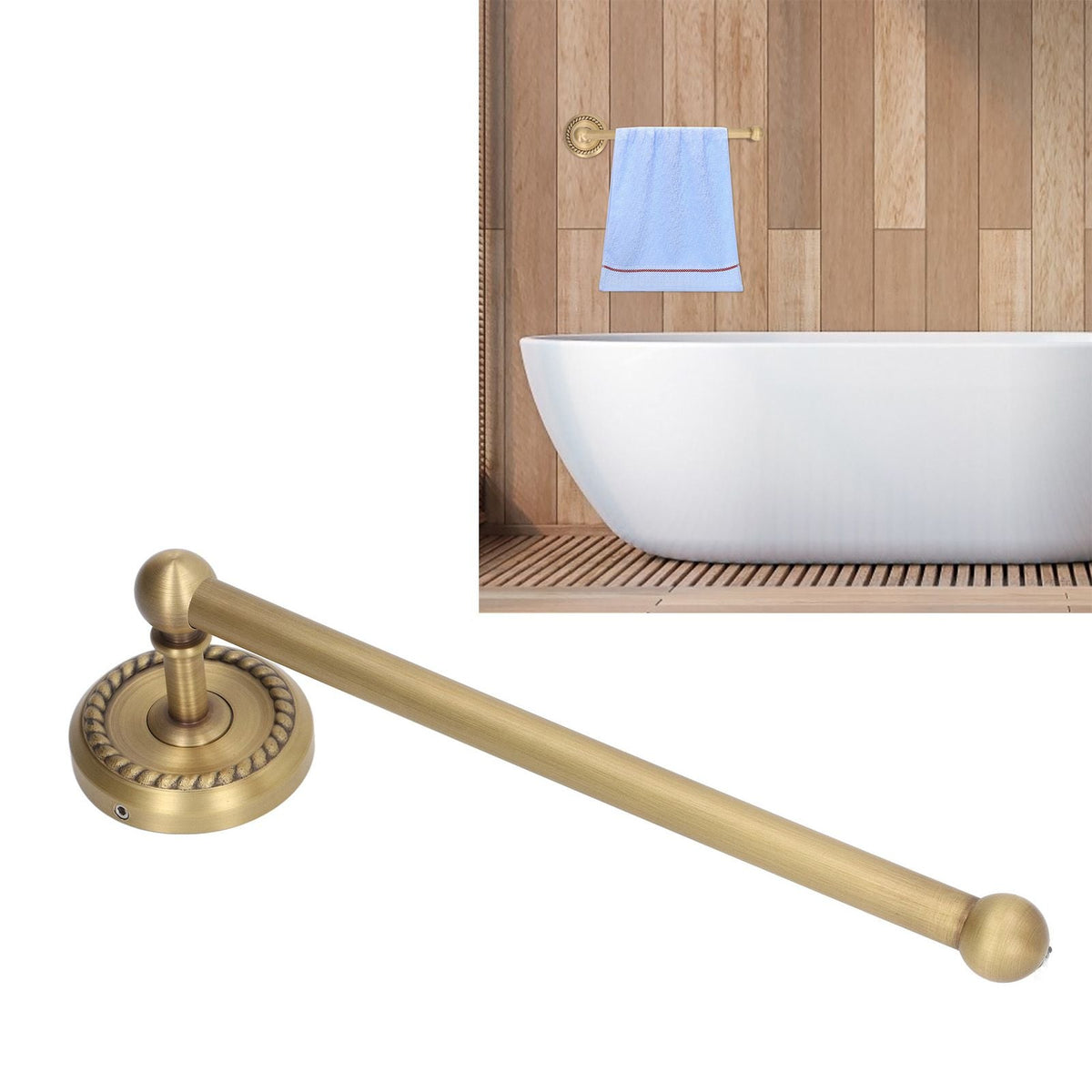 Bathroom Towel Rack Vintage Copper single towel bar with antique brass finish, round wall mounts and decorative twisted collars