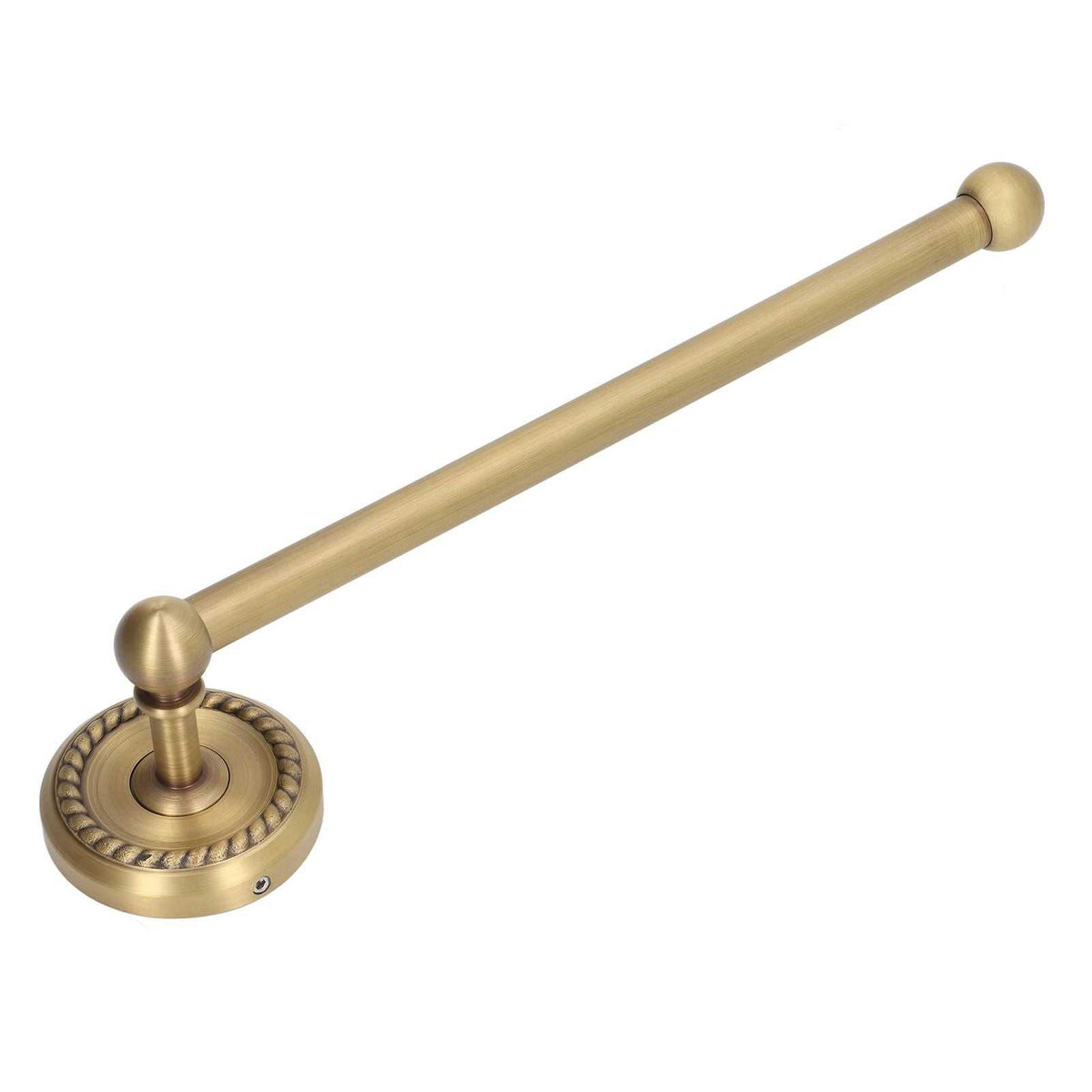 Towel bar in antique brass-colored metal with a smooth straight rod, rounded end cap, and ornate circular wall mount; Bathroom Towel Rack Vintage Copper