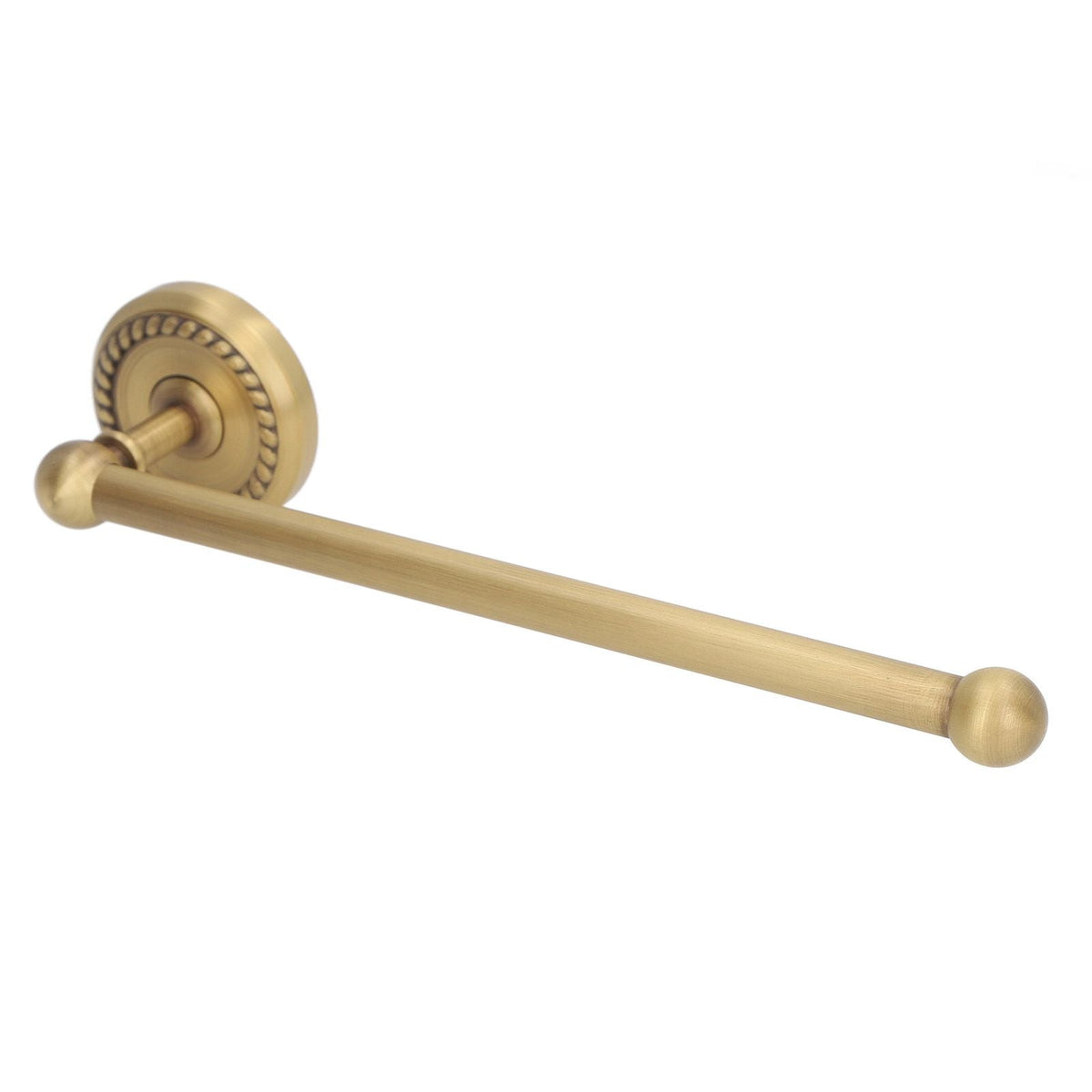 Bathroom Towel Rack Vintage Copper in warm brass-tone metal with a smooth straight bar, round finials, and ornate circular wall mount