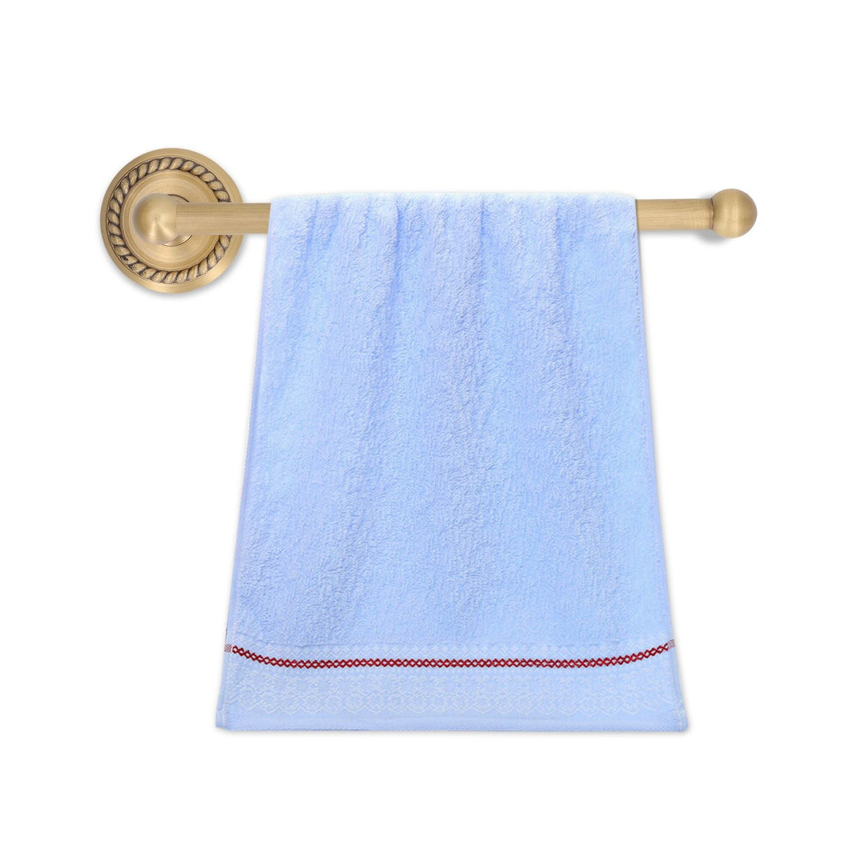 Bathroom Towel Rack Vintage Copper wall-mounted single bar in warm gold-toned metal, holding a light blue towel