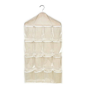 Beige 16 Pocket Hanging wardrobe organiser in lightweight fabric, with clear pocket windows, four rows and a metal hanger