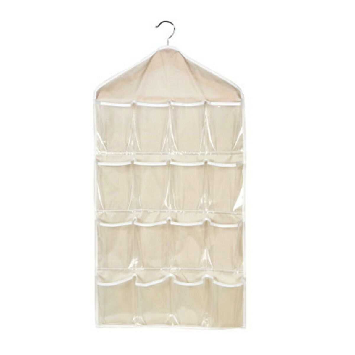 Beige 16 Pocket Hanging wardrobe organiser in lightweight fabric, with clear pocket windows, four rows and a metal hanger