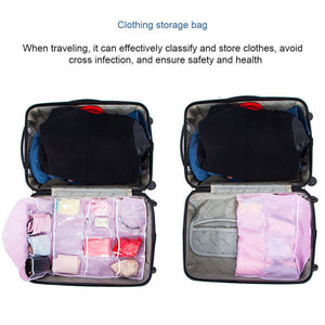 Beige 16 Pocket Hanging clothing storage bag with transparent compartments packed inside an open suitcase