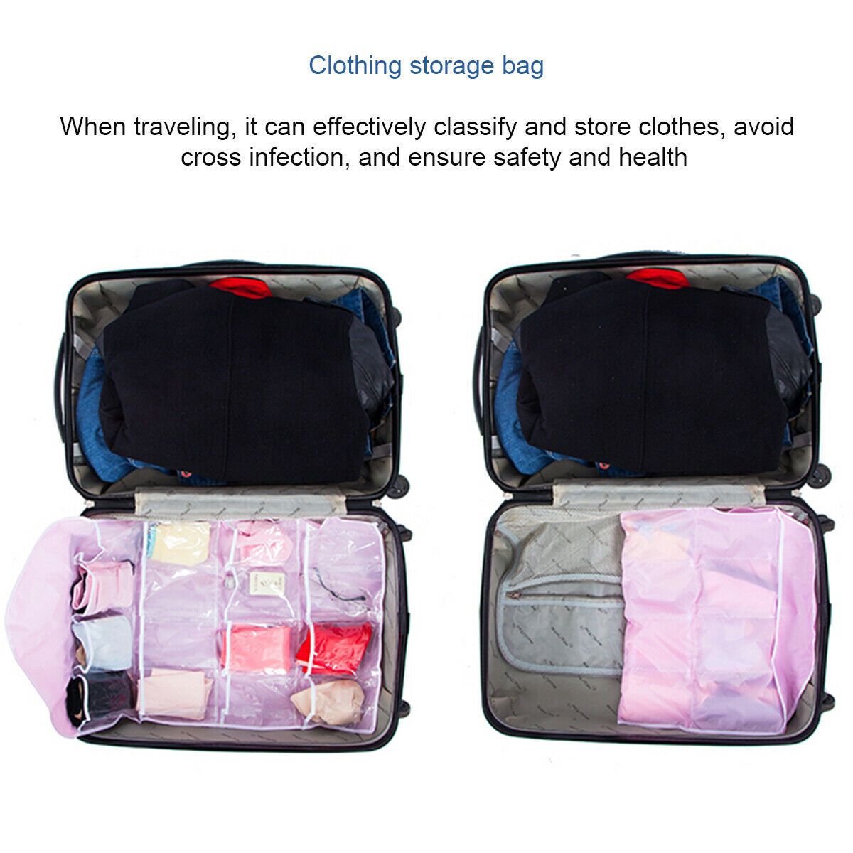 Beige 16 Pocket Hanging clothing storage bag with transparent compartments packed inside an open suitcase