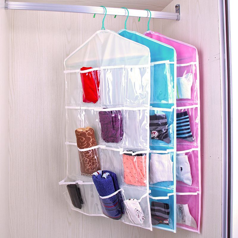 Beige 16 Pocket Hanging wardrobe organiser with translucent pockets, fabric frame and hooks, holding folded small garments.