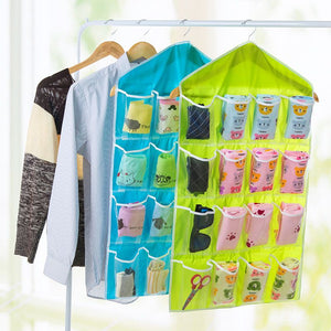 Beige 16 Pocket Hanging wardrobe organiser with a fabric body, clear-front pockets and two metal hooks for small items