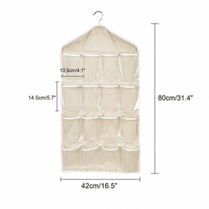 Beige 16 Pocket Hanging wardrobe organiser in sheer fabric with clear-front pockets, reinforced edging and a metal hook