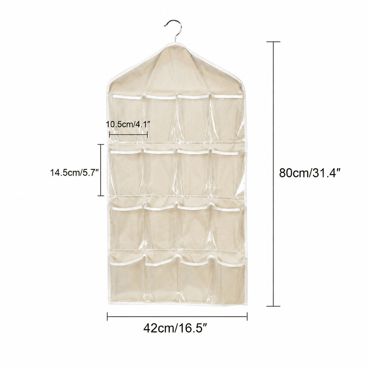 Beige 16 Pocket Hanging wardrobe organiser in sheer fabric with clear-front pockets, reinforced edging and a metal hook