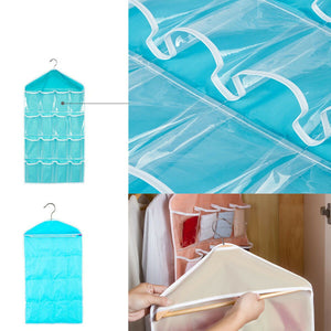 Beige 16 Pocket Hanging wardrobe organiser with clear pockets and scalloped white edging, shown with both sides displayed