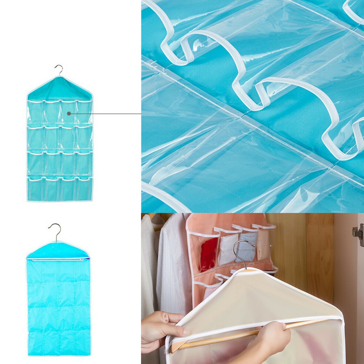 Beige 16 Pocket Hanging wardrobe organiser with clear pockets and scalloped white edging, shown with both sides displayed