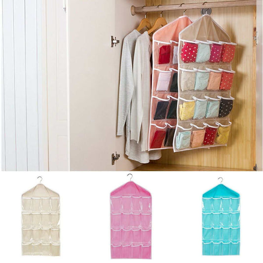 Beige 16 Pocket Hanging wardrobe organiser with translucent front pockets and a simple fabric design for small items