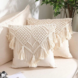Beige Boho Chic Macrame Cushion Cover in cream woven cotton with intricate diamond knotwork and long fringe tassels
