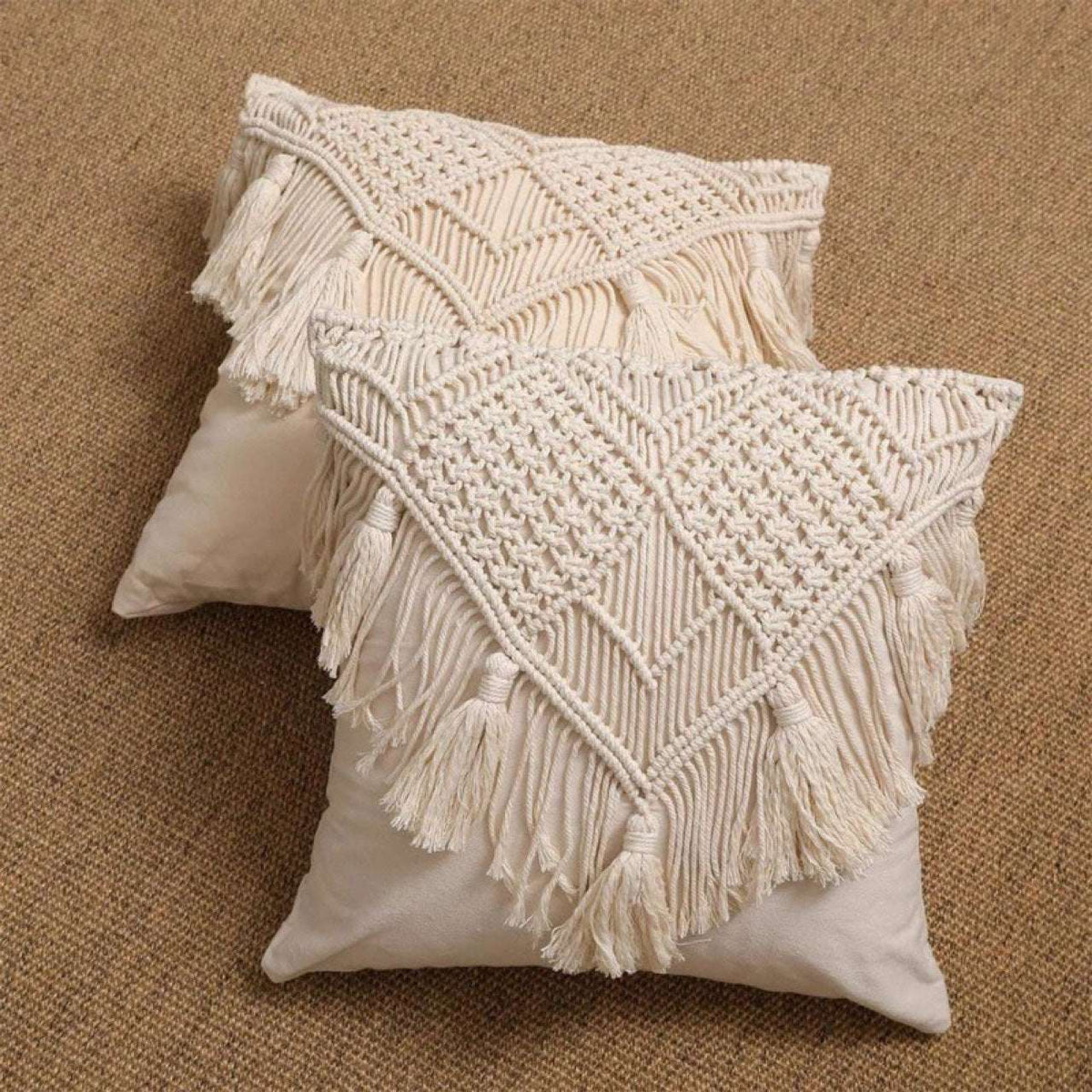 Beige Boho Chic Macrame Cushion Cover with cream cotton texture, geometric knotted pattern and long fringe tassels