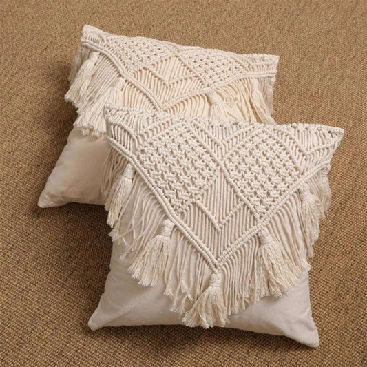 Beige Boho Chic Macrame Cushion Cover with cream cotton texture, geometric knotted pattern and long fringe tassels