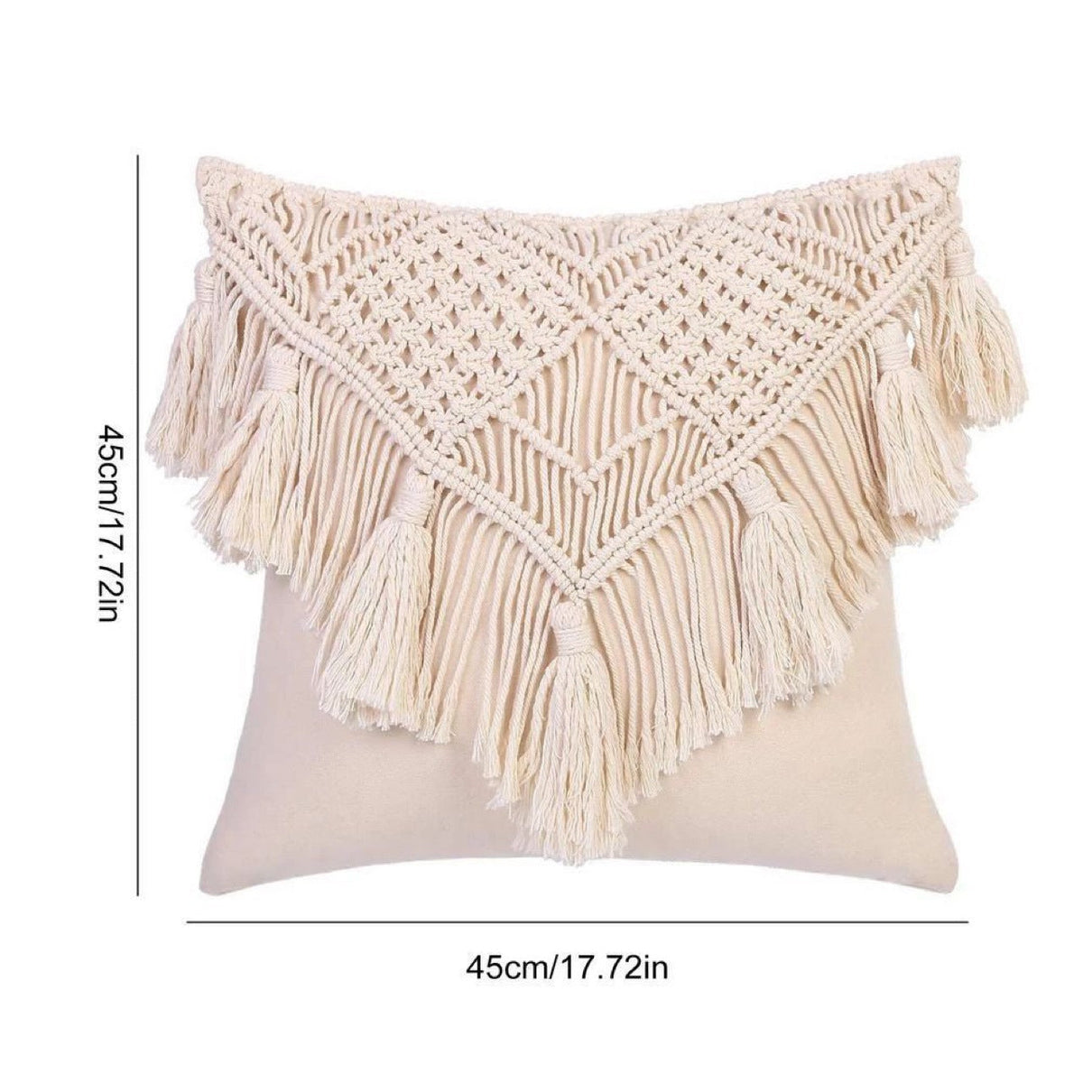 Beige Boho Chic Macrame Cushion Cover in cream cotton with intricate diamond knotwork and long fringe tassels.
