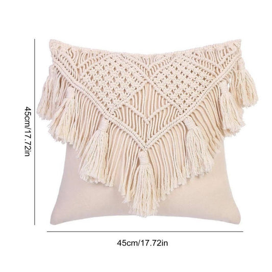 Beige Boho Chic Macrame Cushion Cover in cream cotton with intricate diamond knotwork and long fringe tassels.
