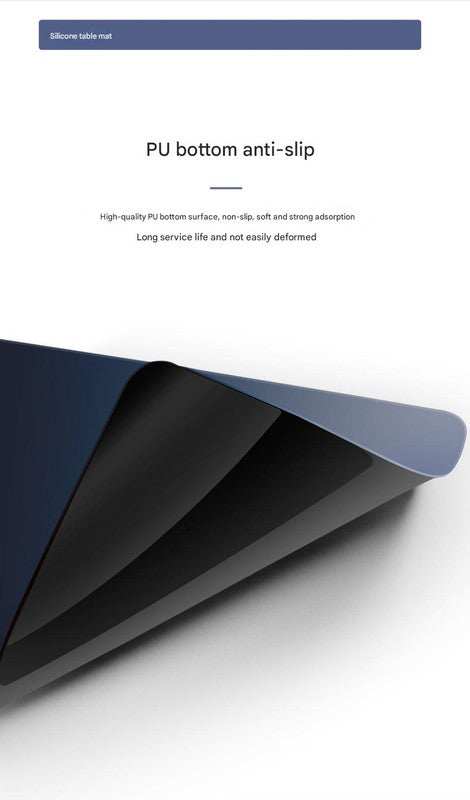 Beige Premium Large Silicone Mouse Pad showing a flexible black non-slip PU base beneath a blue-grey mat surface